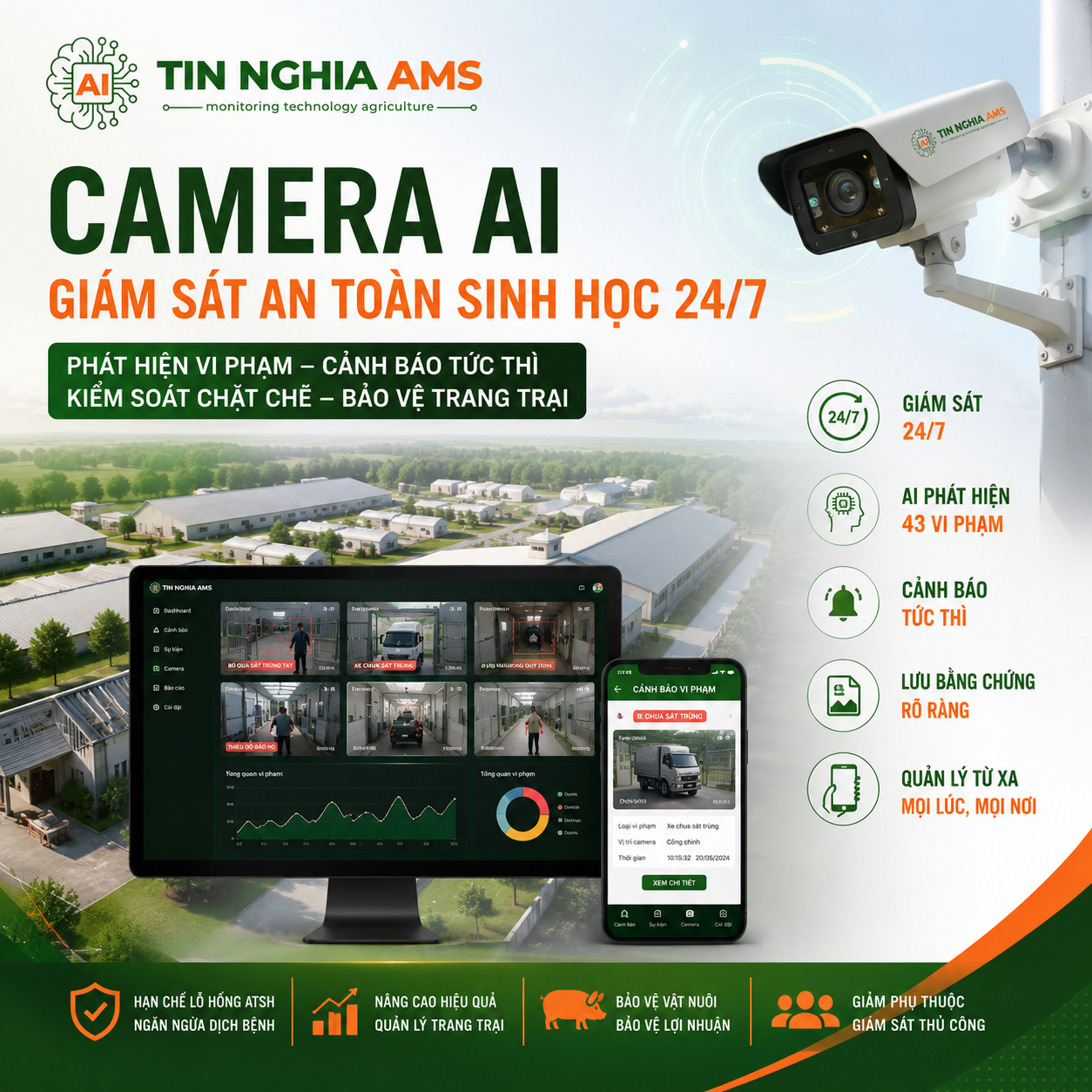 Camera AI giám sát an toàn sinh học trong trang trại 24/7 